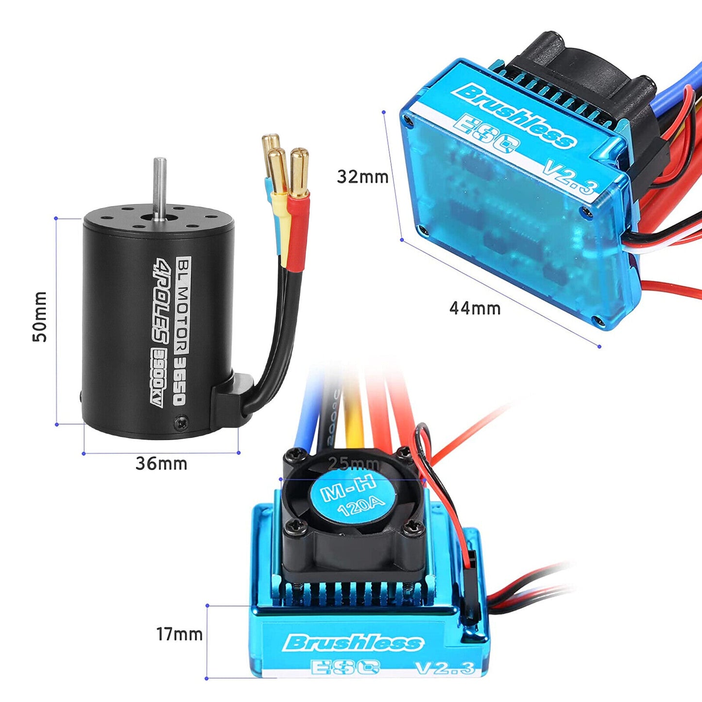 3650 3900KV Brushless Motor 120A ESC Combo Set for 1/10 RC Car Truck Accessories