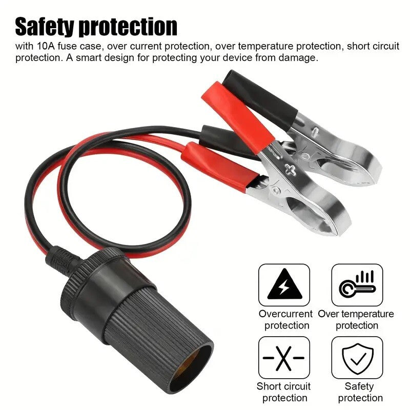 12V Battery To Cigarette Lighter Adapter Alligator Clamp Clip 12 Volt Car Socket