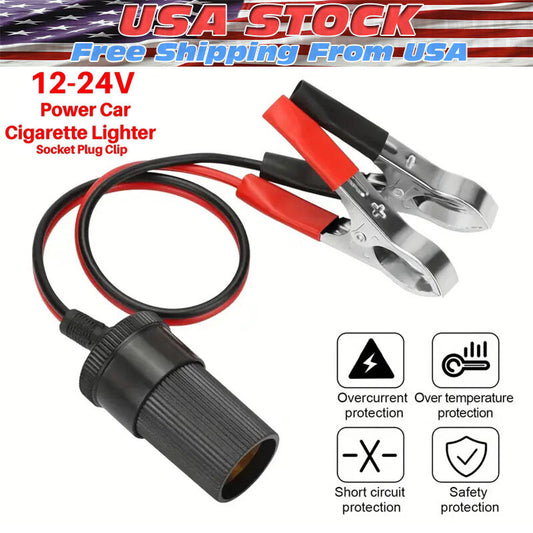 12V Battery To Cigarette Lighter Adapter Alligator Clamp Clip 12 Volt Car Socket