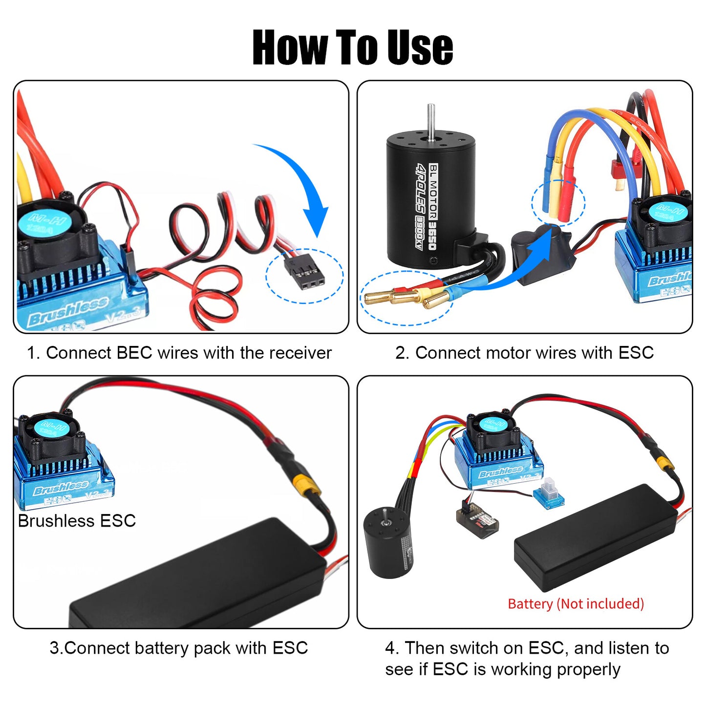 3650 3900KV Brushless Motor 120A ESC Combo Set for 1/10 RC Car Truck Accessories
