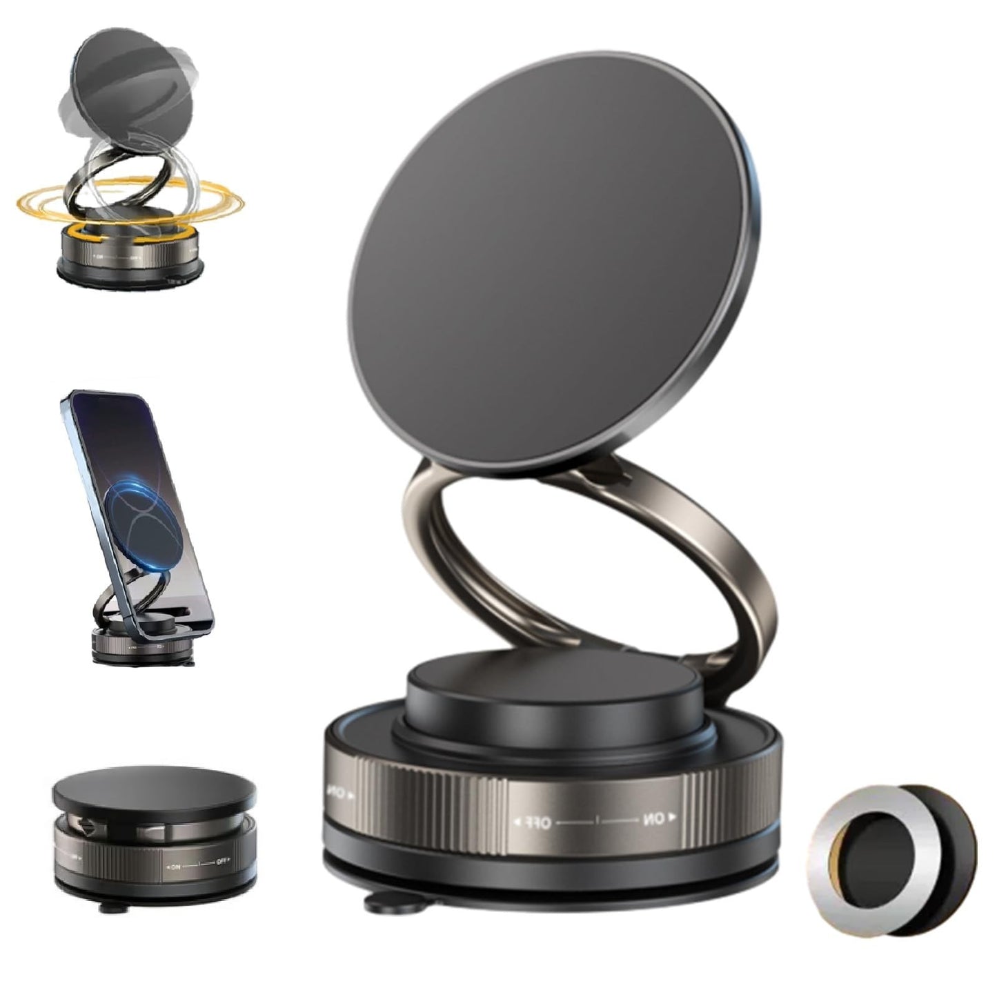 360° Vacuum Magnetic Phone Holder - Suction Cup Car Mount with Foldable Stand